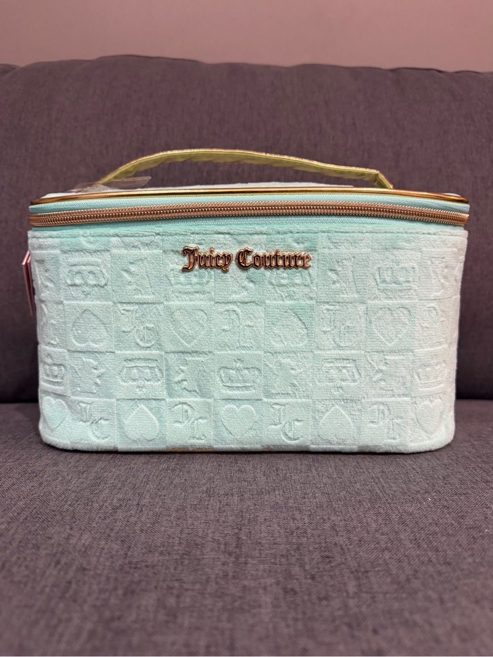 Juicy Couture Mint Embossed Quilted Cosmetic Case with Gold Trim